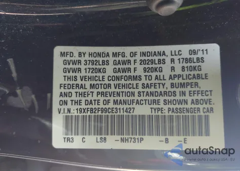 2012 Honda Civic Ex-L z USA, uszkodzony, nr VIN 19XFB2F99CE311427